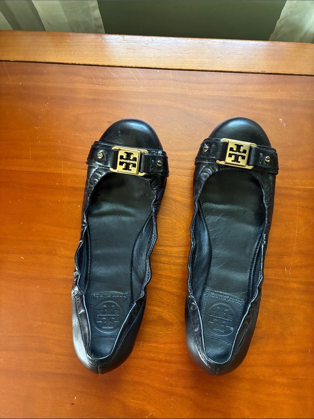 Tory Burch Black Leather Logo Strap Ballet Flats with Gold Emblem